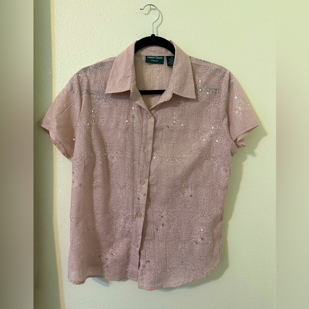 Light pink sequin and embroidered button down with floral print